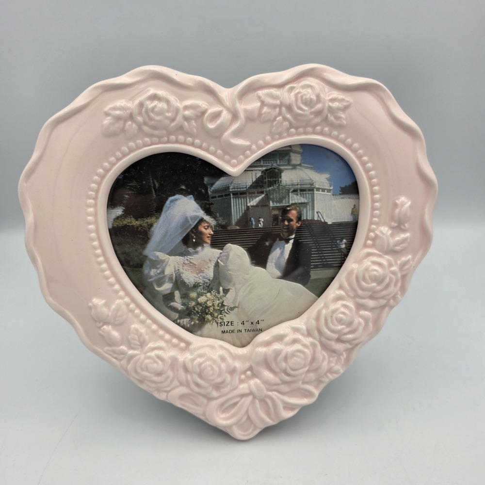 Vtg Pale Pink Heart Shaped & Roses Ceramic Picture Frame 4x4" Photo CottageCore